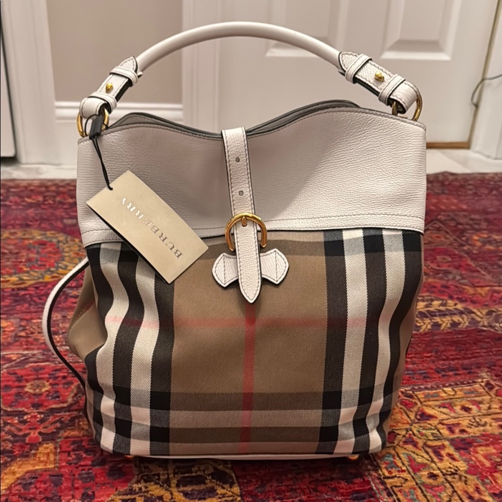Burberry Tan and White Shoulder  Hobo Bag with Signature Check